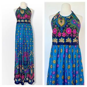 Sold//1960s Flower Power Halter Maxi Backless Dress Large